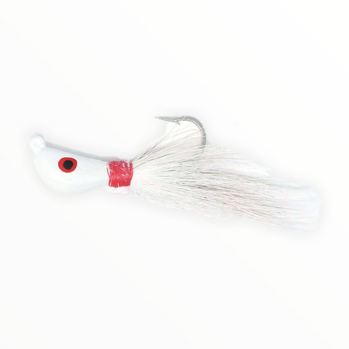White Bucktail Jig Head Lure With Hydrodynamic Head, Oversized Painted Eyes  And Features Isolated On Black Background. Colorful Hand Tie Deer Hair  Fishing Jig Hook Stock Photo, Picture and Royalty Free Image.